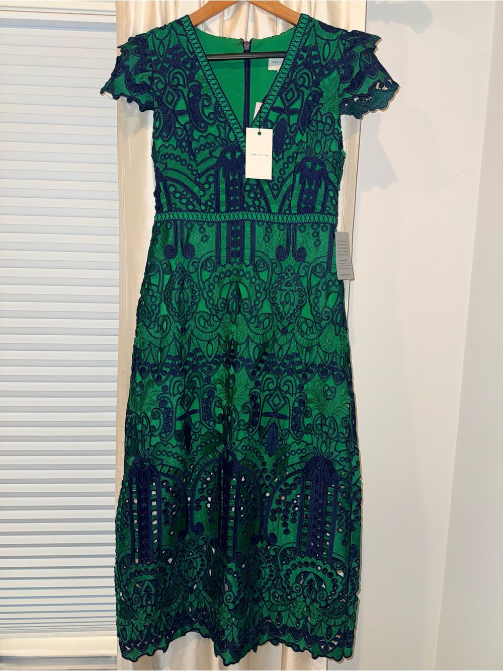 Adelyn Rae Green and Navy Lace-Overlay V-Neck Midi Dress